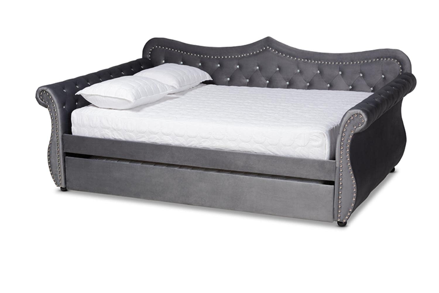 Baxton Studio Abbie Gray Velvet Crystal Tufted Full Wood Daybed with Trundle - Thumbnail 3