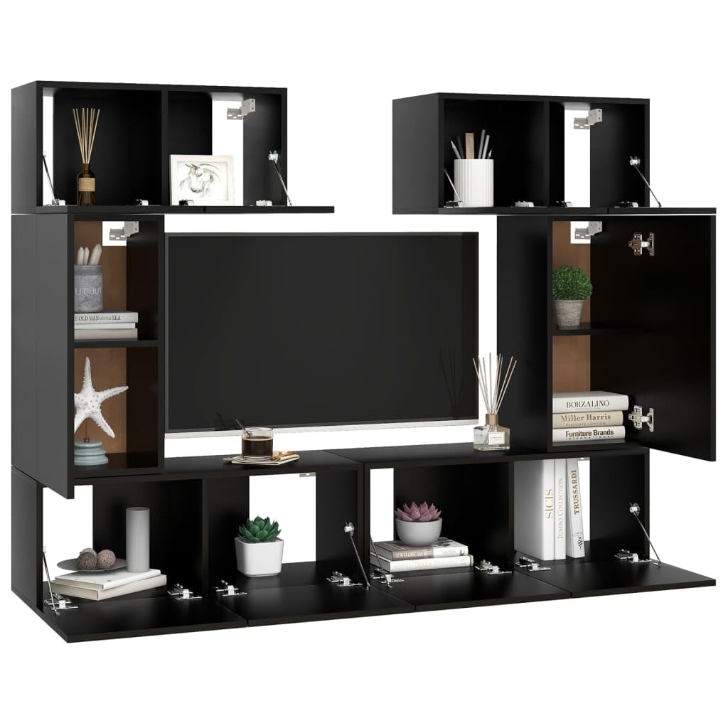 vidaXL TV Cabinet Set 6 Piece Home Living Room Furniture TV Stand HiFi Stereo Cabinet Media Unit Entertainment Center Black Engineered Wood
