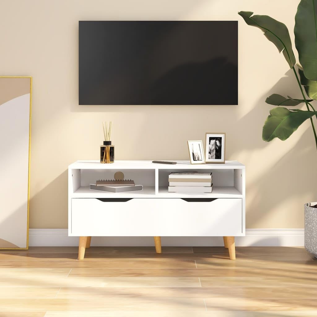 vidaXL TV Stand in White - Sturdy and Durable Engineered Wood with Spacious Storage - 35.4&quot;x15.7&quot;x19.1&quot; - Scandinavian Style Enjoyable Viewing