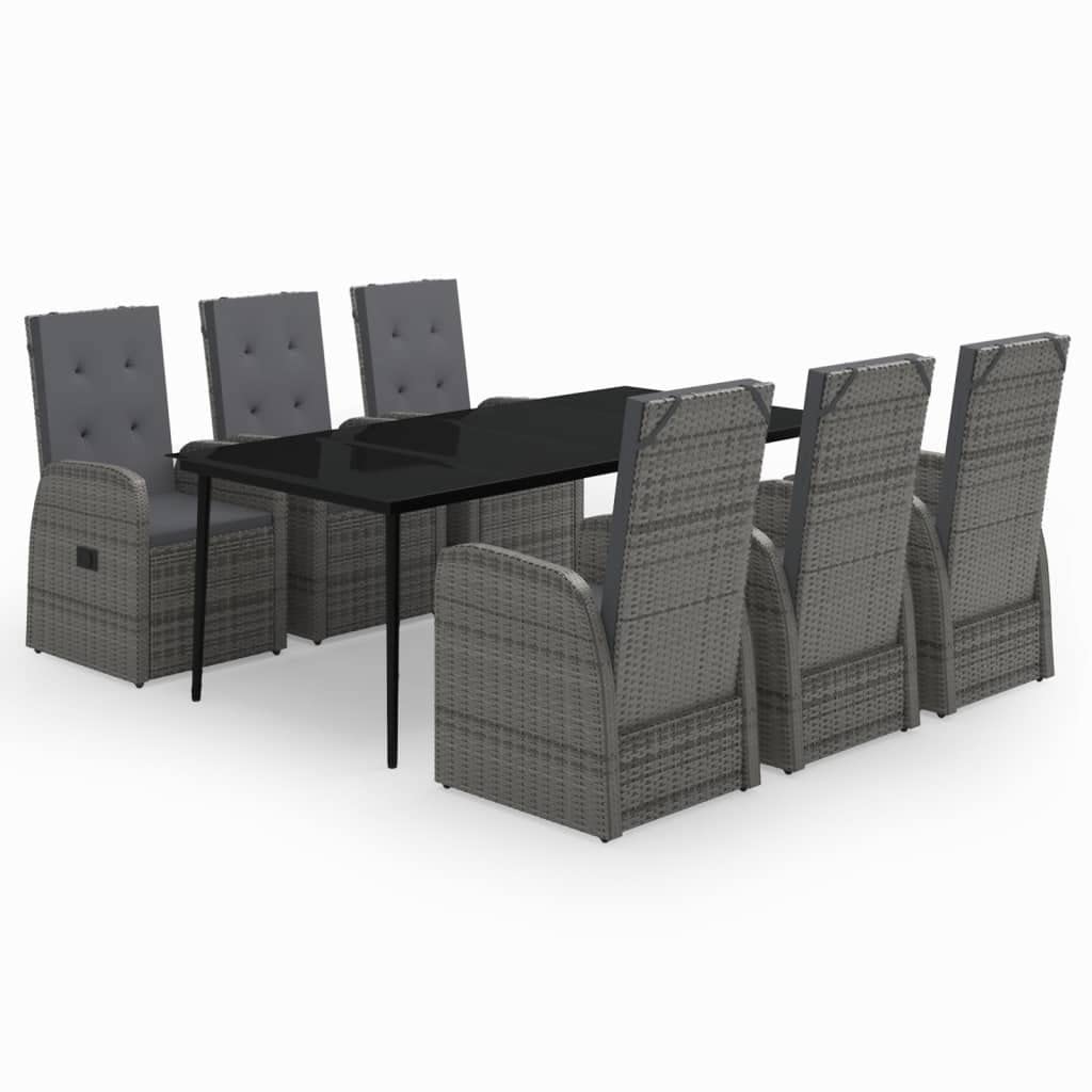 vidaXL 7-Piece Outdoor Patio Dining Set with Cushions, PE Rattan Wicker, Weather-Resistant, Low-Maintenance, Stylish Design, Reclining Chairs, Glass Top Table - Gray and Black