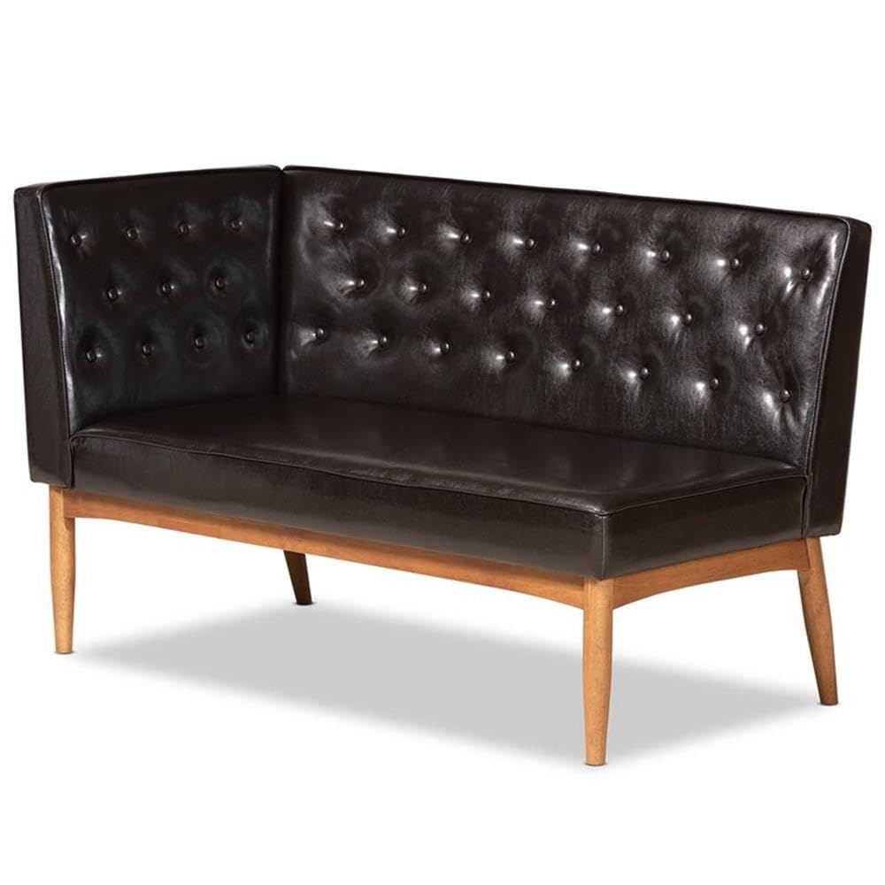 Baxton Studio Riordan Mid-Century Modern Dark Brown Faux Leather Upholstered and Walnut Brown Finished Wood 2-Piece Dining Nook Banquette Set