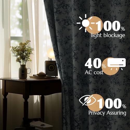 Jinchan 100% Blackout Floral Curtains 96 Inches Long, Printed Flower Blue Blackout Curtains For Bedroom Rod Pocket Back Tab Full Blackout Curtains Thermal Insulated Window Drapes, 2 Panels Blue