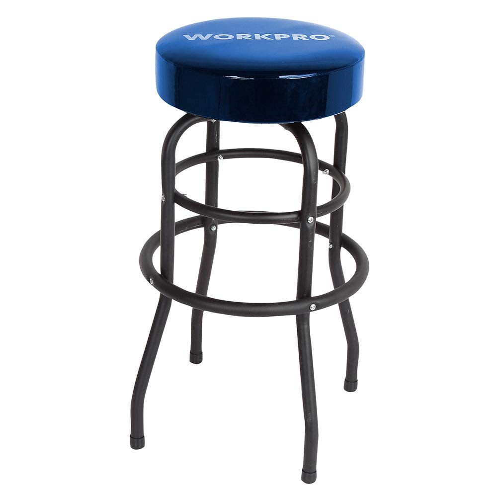 WORKPRO W112003 Garage Shop Stool, Heavy-Duty Steel Construction Garage Stool, Swivel Cushion Seat, Black Powder Coated Legs & F