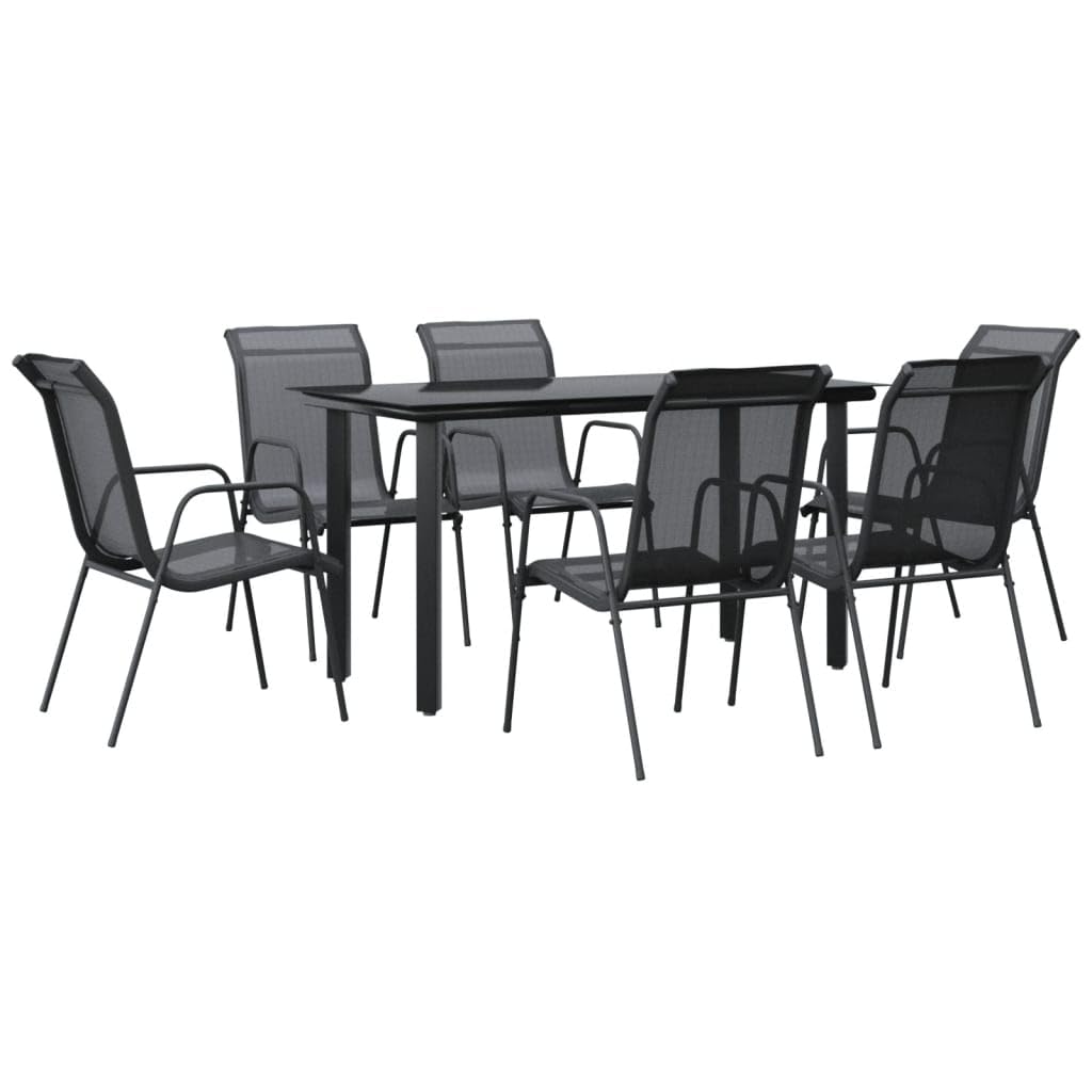vidaXL Black 7-Piece Outdoor Dining Set - Powder-Coated Steel + Textilene Fabric, Featuring Tempered Glass Tabletop and Comfortable Armchairs
