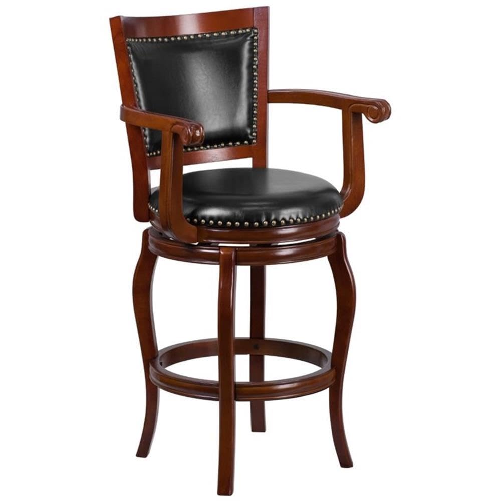 Flash Furniture Vestina 30' Leathersoft Barstool With Footrest And Arms, Classic Ladder Back Upholstered Bar Height Stool, Cherry Wood/Black
