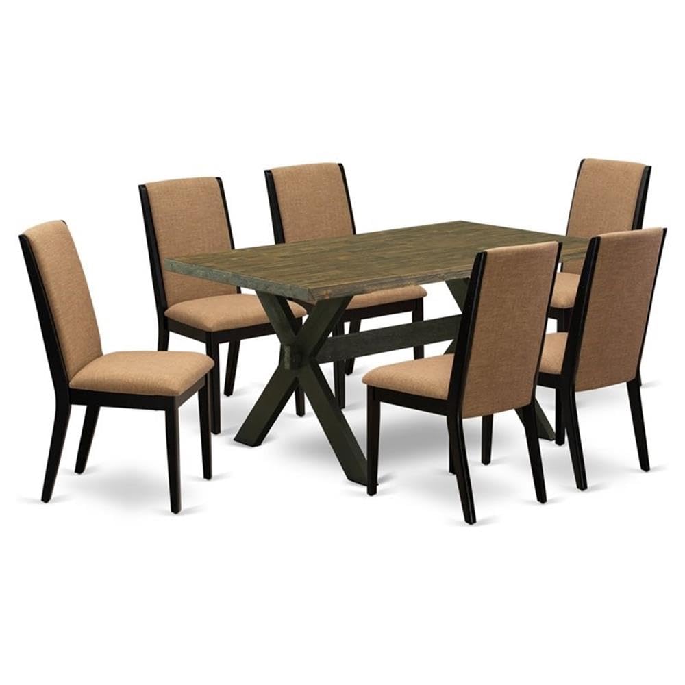 East West Furniture X676La147-7 7 Piece Dining Set Consist Of A Rectangle Dining Room Table With X-Legs And 6 Light Sable Linen Fabric Upholstered Parson Chairs, 36X60 Inch, Multi-Color