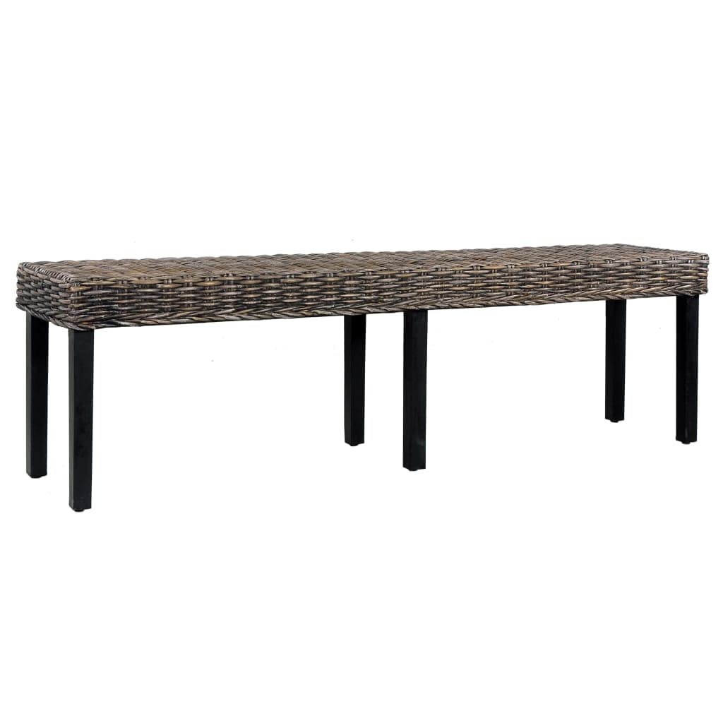vidaXL Bench 63&quot; Black Natural Kubu Rattan and Solid Mango Wood