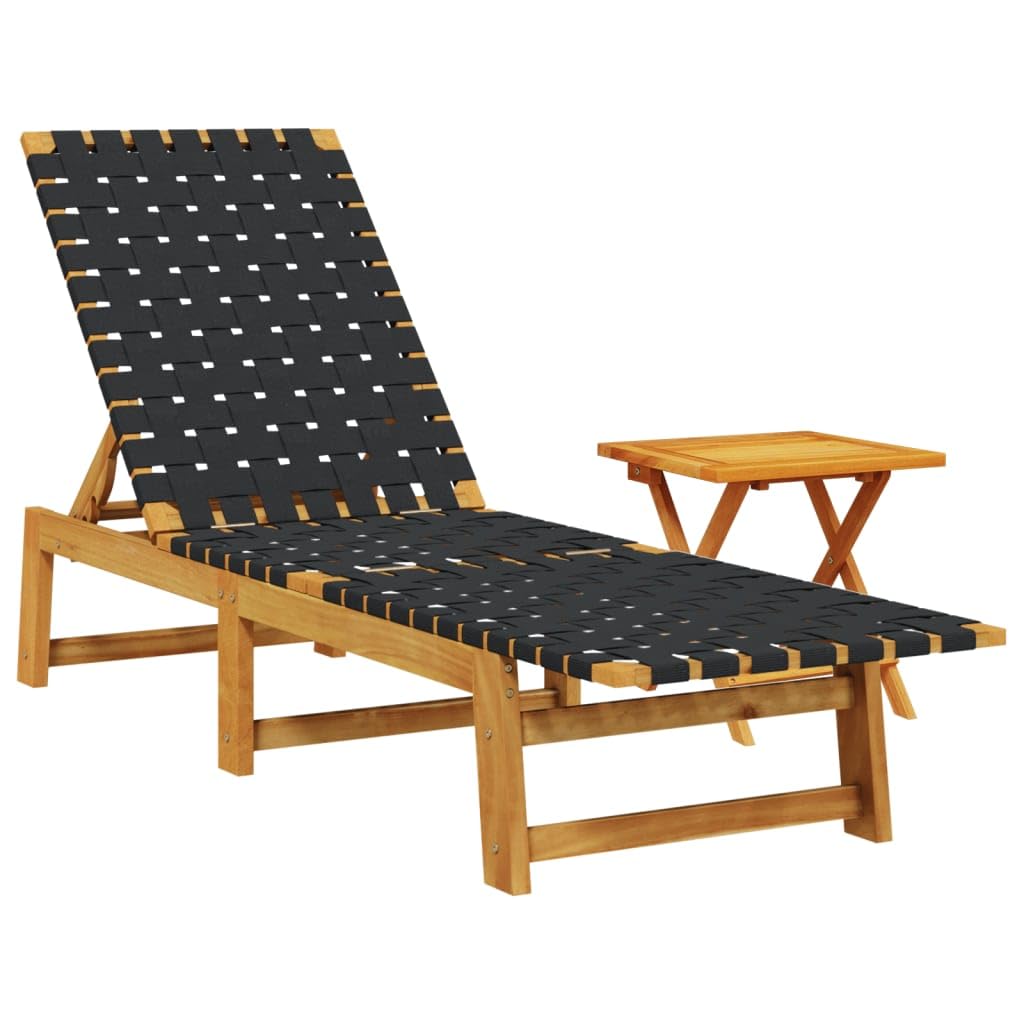 vidaXL Acacia Wood Sun Lounger and Table - Black Fabric Recliner with Adjustable Backrest for Garden, Patio, Poolside