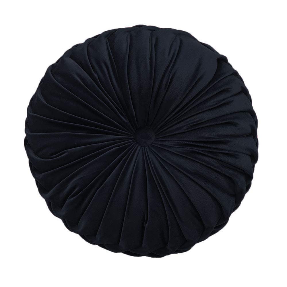 Teieas Round Throw Pillow Velvet Home Decoration Pleated Round Pillow Cushion For Couch Chair Bed Car Black