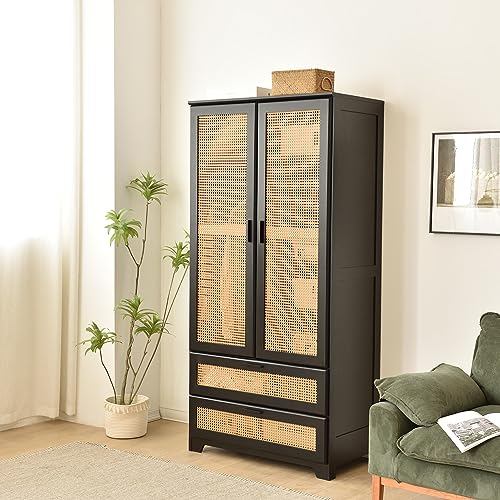 Pine Wood Closet with Rattan Doors and Two Drawers (Black)