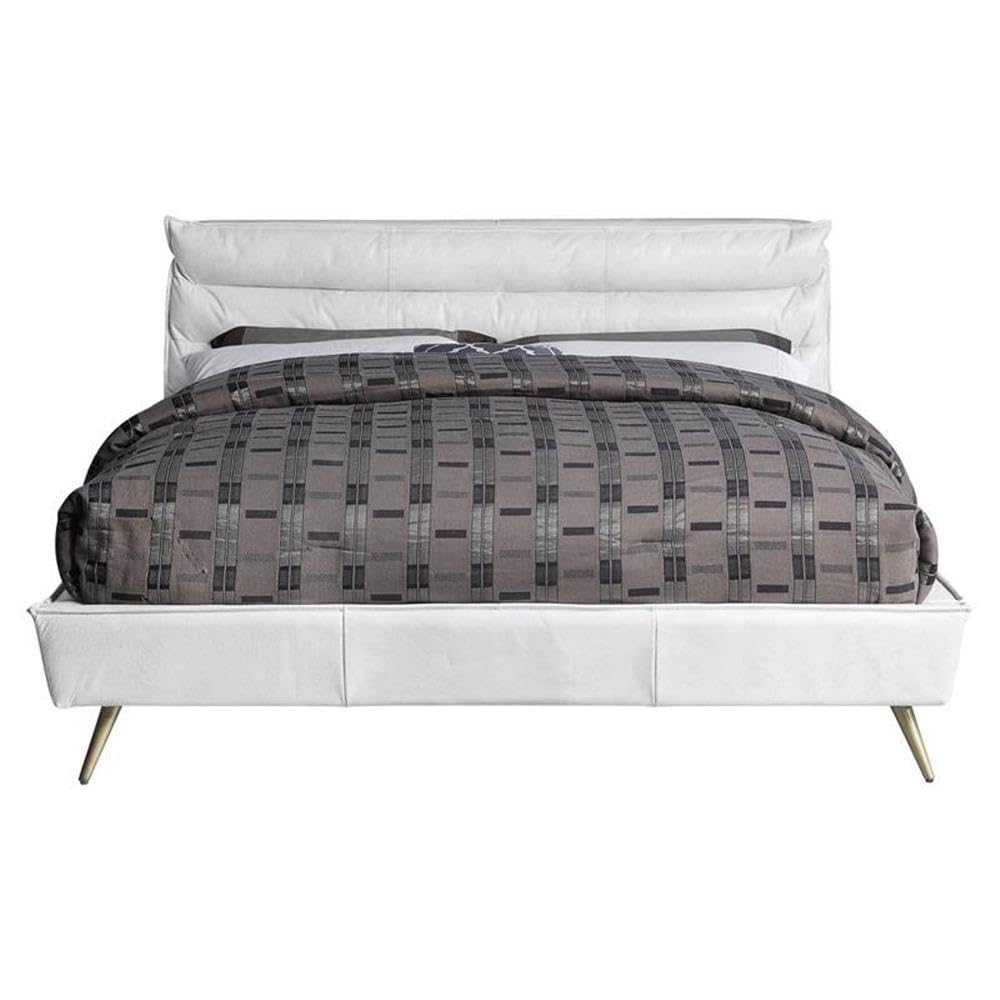 Acme Doris Top Grain Leather Upholstered Queen Bed in Vintage White