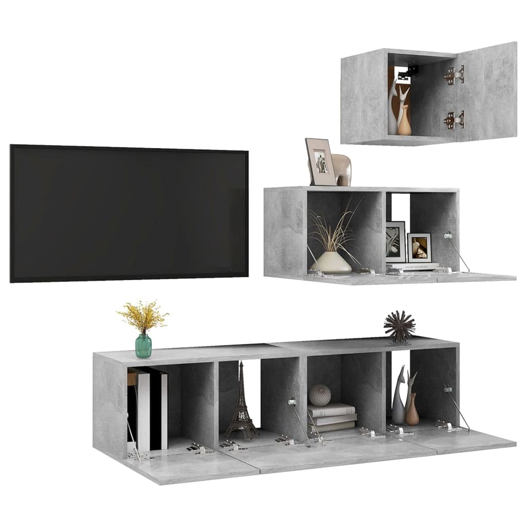 vidaXL TV Cabinet Set 4 Piece Home Indoor Hanging Wall-Mounted Stereo Plasma HiFi Cabinet TV Unit Furniture Concrete Gray Engineered Wood