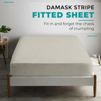 Feather & Stitch 100% Cotton 1 Piece Damask Stripe Full Fitted Sheet 500 Thread Count Beige 18 Inch Extra Deep Pocket Luxury Sateen Weave Stretchable Boxer Elastic Fits Mattress Perfectly