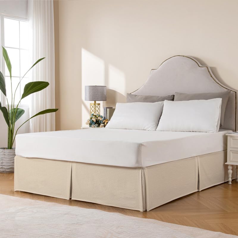 Miye Pleated Waffle Weave Bed Skirt, Tailored Dust Ruffle 14 Inch Drop Easy Fit, Machine Washable (Cream, Queen - 14'' Drop)