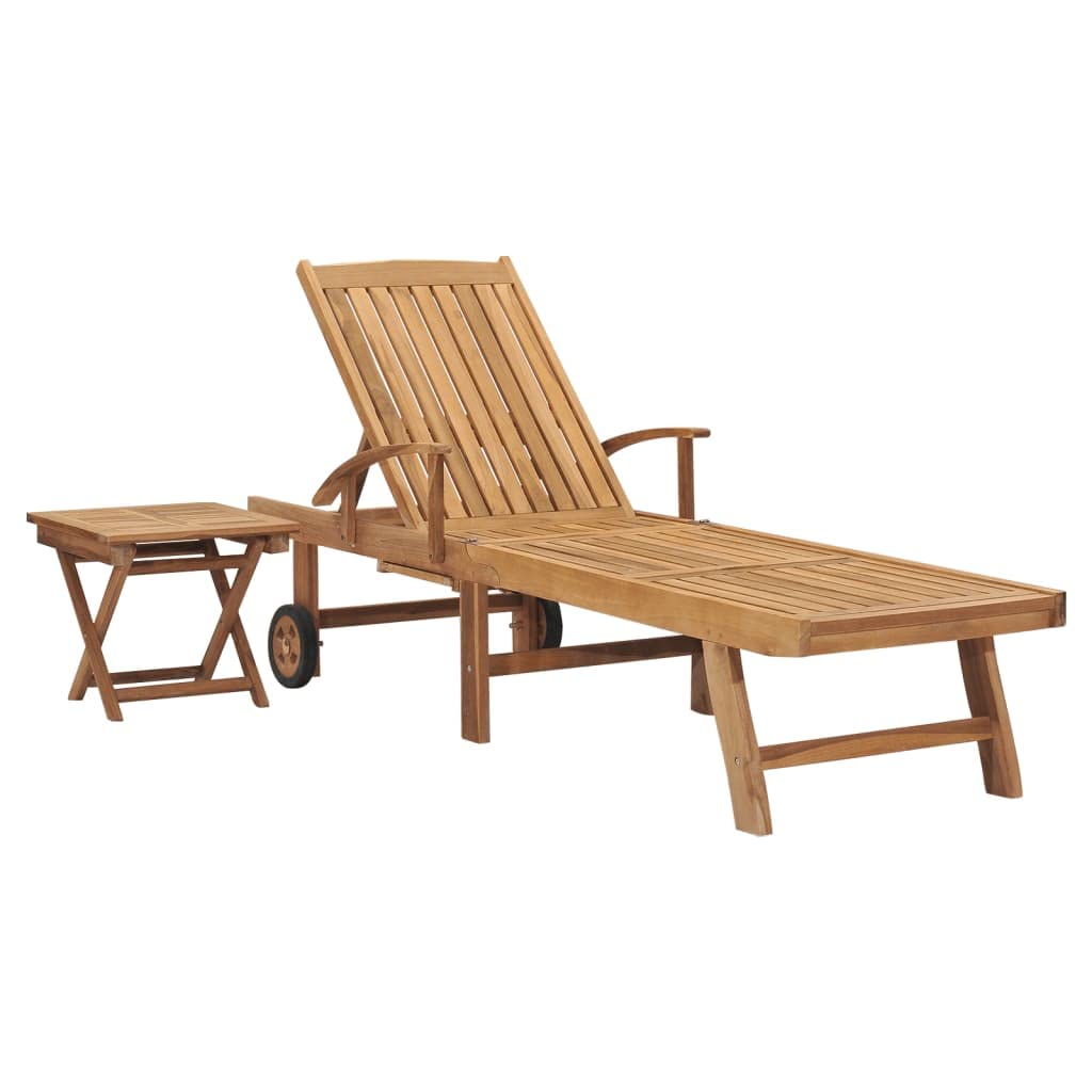 Vidaxl Solid Teak Wood Sun Lounger With Table Outdoor Garden Patio Terrace Backyard Balcony Lounge Seating Sun Lounge Bed Adjustable Backrest