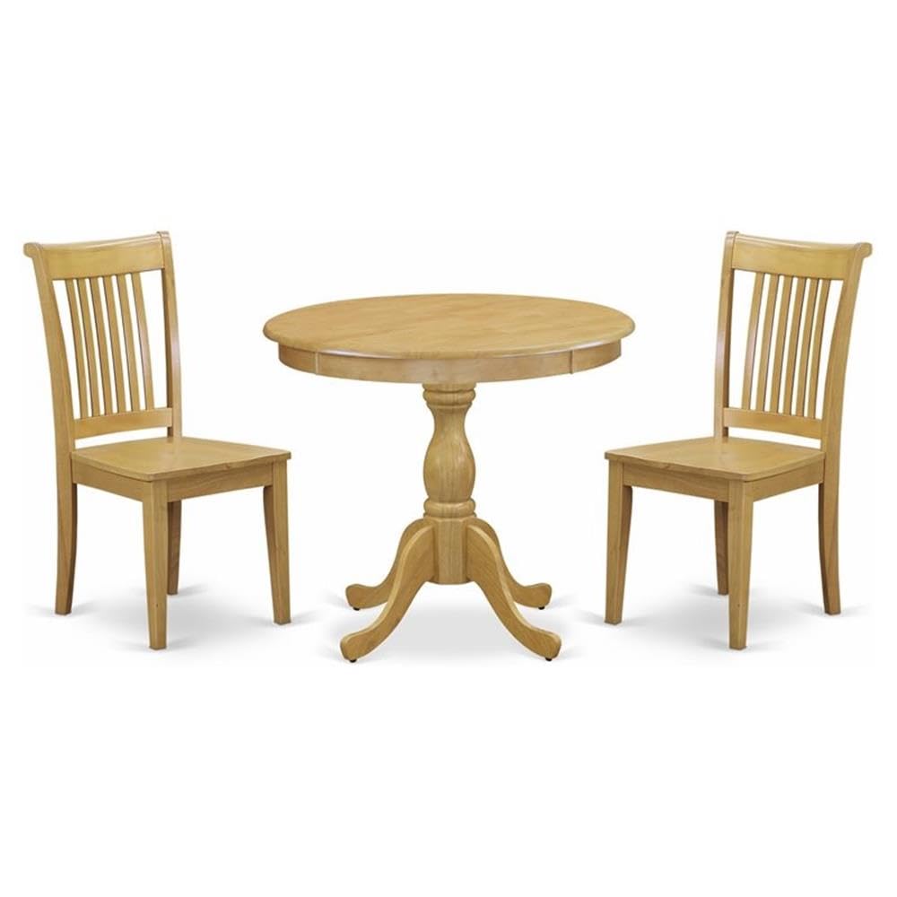 East West Furniture AMPO3-OAK-W 3 Piece Dining Room Furniture Set Contains a Round Dining Table with Pedestal and 2 Wood Seat Chairs, 36x36 Inch, Oak