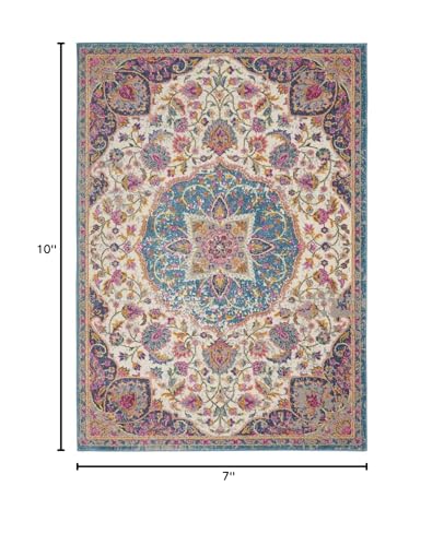 HomeRoots Ivory/Multi 100% Polypropylene 7’ x 10’ Pink and Blue Floral Medallion Area Rug