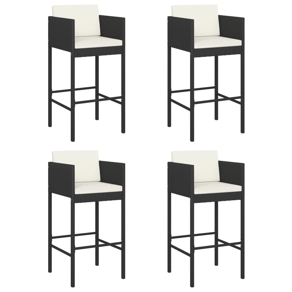 vidaXL 4-Set Modern Poly Rattan Bar Stools with Cushions in Black - Sturdy, Weather-Resistant Outdoor Furniture with Steel Frame, Lightweight and Ideal for Garden Parties, BBQs