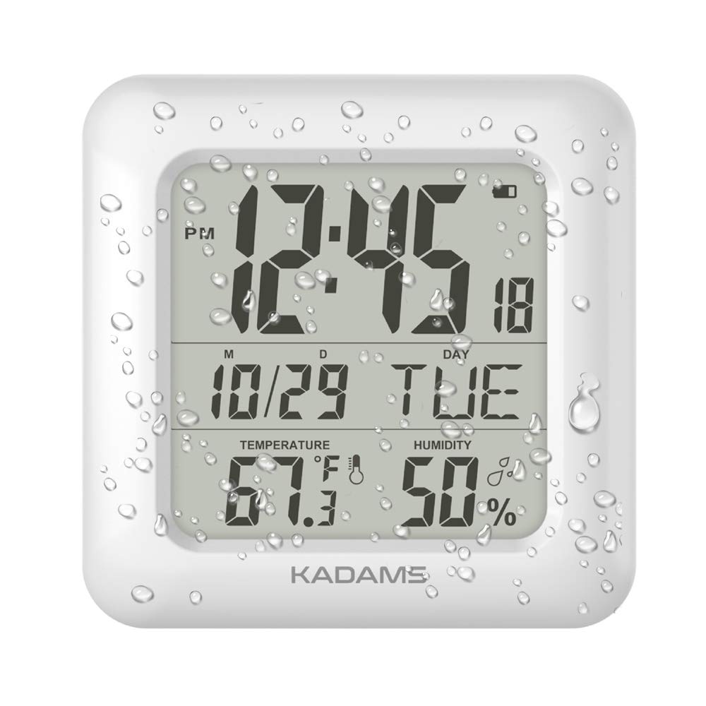 KADAMS Bathroom Clock Wall with Shatterproof LCD Screen - Waterproof Shower Clock Water Resistant with Temperature & Humidity Di