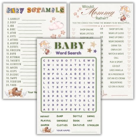 The Decor Cycle 3 in 1 Games  Baby Shower Combo Cards | Set of 10 Cards Each (Total 30 Cards) | Fun Baby Shower Activity Games 