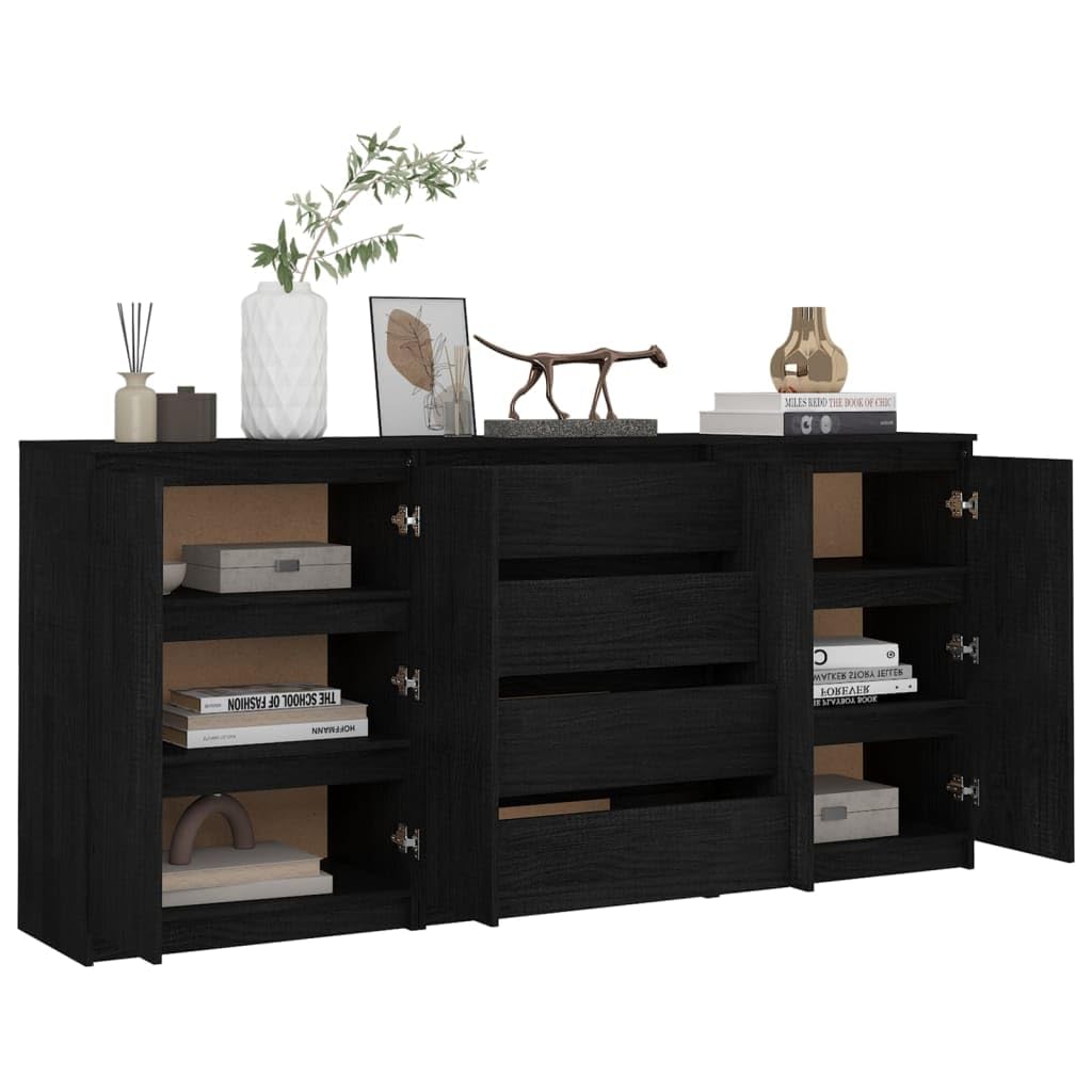 vidaXL 3X Solid Pinewood Side Cabinets Home Indoor Living Room Bedroom Office Bedside Buffet Storage Sideboard Cabinet Nightstand Furniture Black