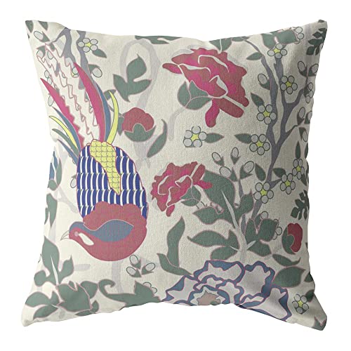 HomeRoots Burgundy On White Broadcloth 18â€ Pink Sage Peacock Indoor Outdoor Throw Pillow