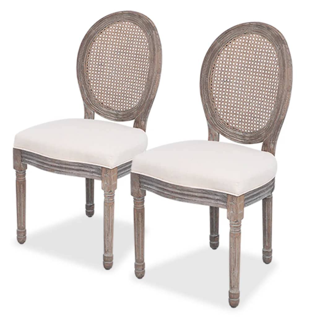 vidaXL 2 pcs Dining Chairs with Cream Fabric Seat and Rattan Backrest - Sturdy Birch Frame and Rubberwood Legs - Comfortable Linen Upholstered Seats