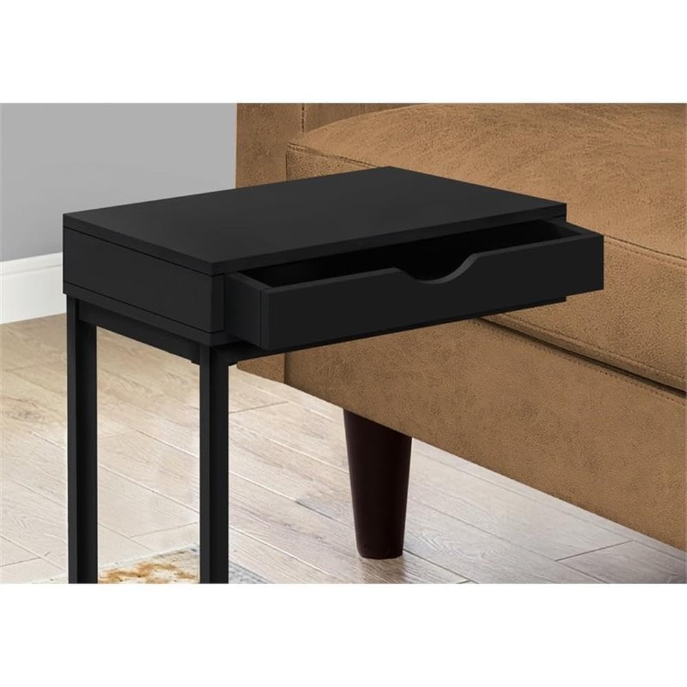 Monarch Specialties 3600, C-Shaped, End, Side, Snack, Storage, Living Room, Bedroom, Laminate, Black, Contemporary, Modern Accent Table Metal With A Drawer, 16&quot; L X 10.25&quot; W X 24.5&quot; H