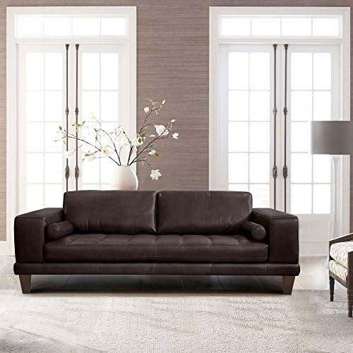 Armen Living Wynne Contemporary Sofa in Genuine Espresso Leather with Brown Wood Legs