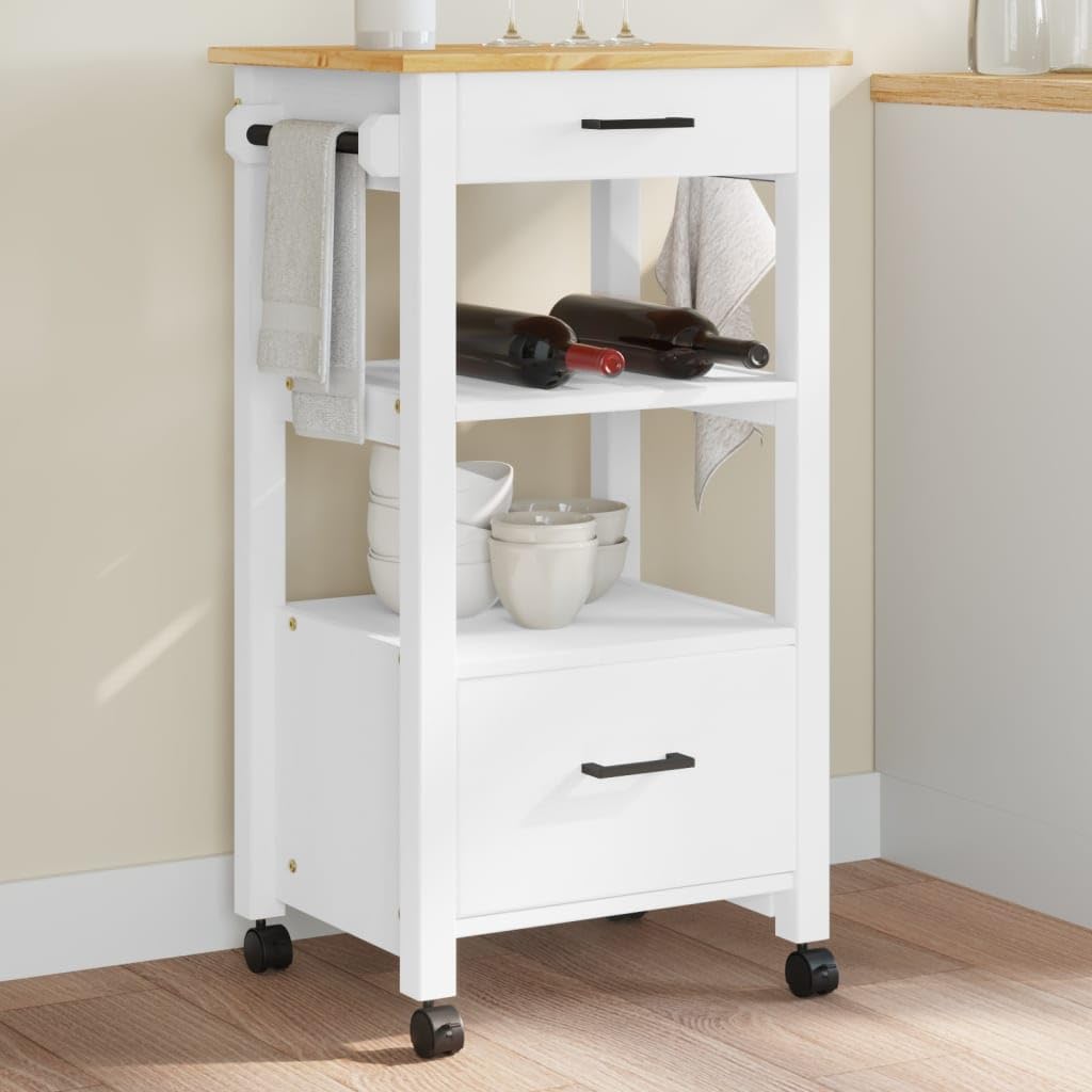 vidaXL Kitchen Trolley Cart - Rolling Island with Storage, Solid Pine Wood Construction, White & Honey Wax, 18.9&quot;x15.7&quot;x35.4&quot;