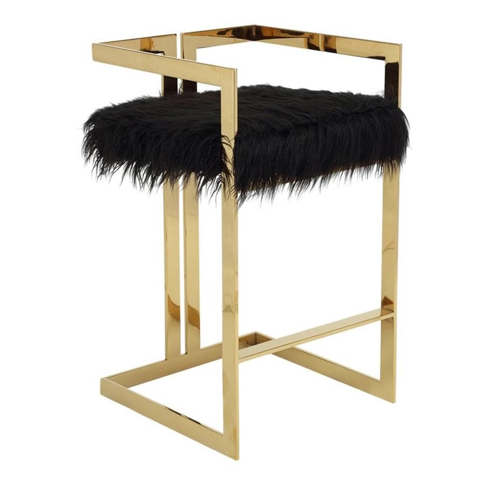 Pangea Home Kenzie 27.5&quot; Stainless Steel & Faux Fur Bar Stool In Black/Gold