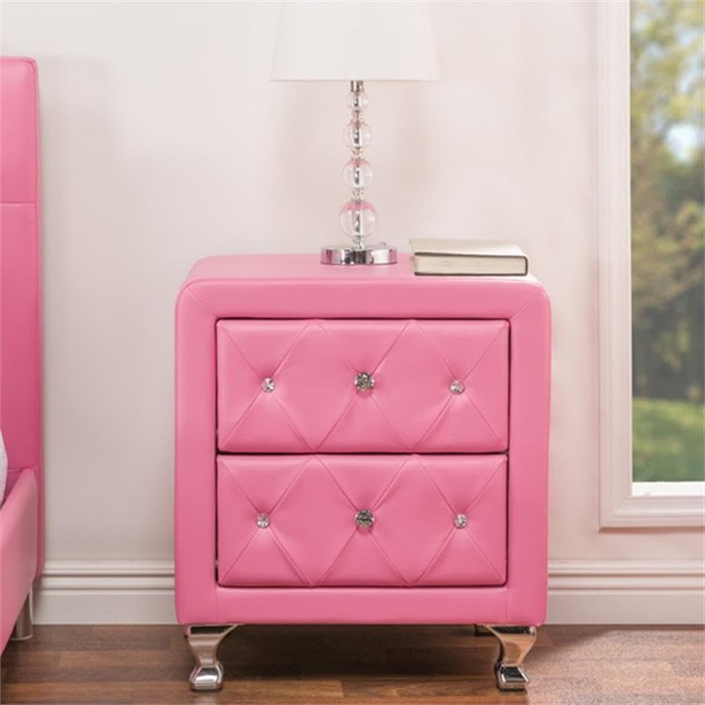 Baxton Studio Stella Crystal Tufted Pink Leather Modern Nightstand