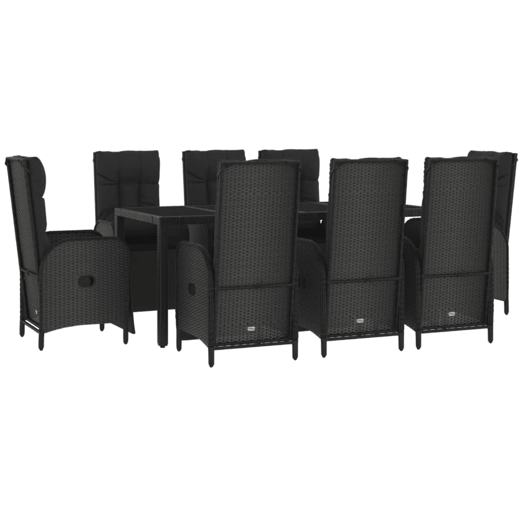 vidaXL 7 Piece Patio Dining Set - Stylish Black Poly Rattan Furniture with Tempered Glass Tabletop and Cushions - Adjustable Outdoor Reclining Chairs