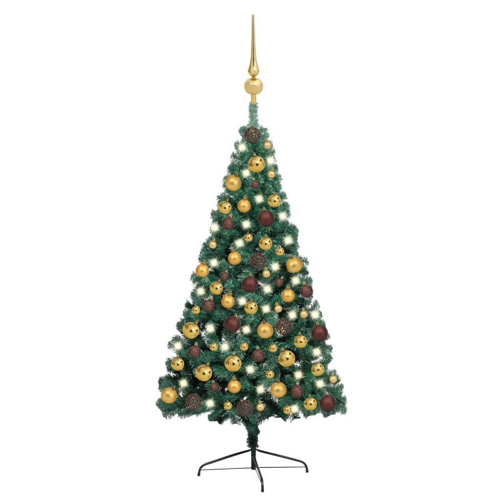 vidaXL Artificial Half Christmas Tree - Green PVC, Pre-lit LED, Space-Saving Wall-Mounted, Decorated with Gold/Bronze Balls - 59.1&quot; Height, 37.4&quot; Width