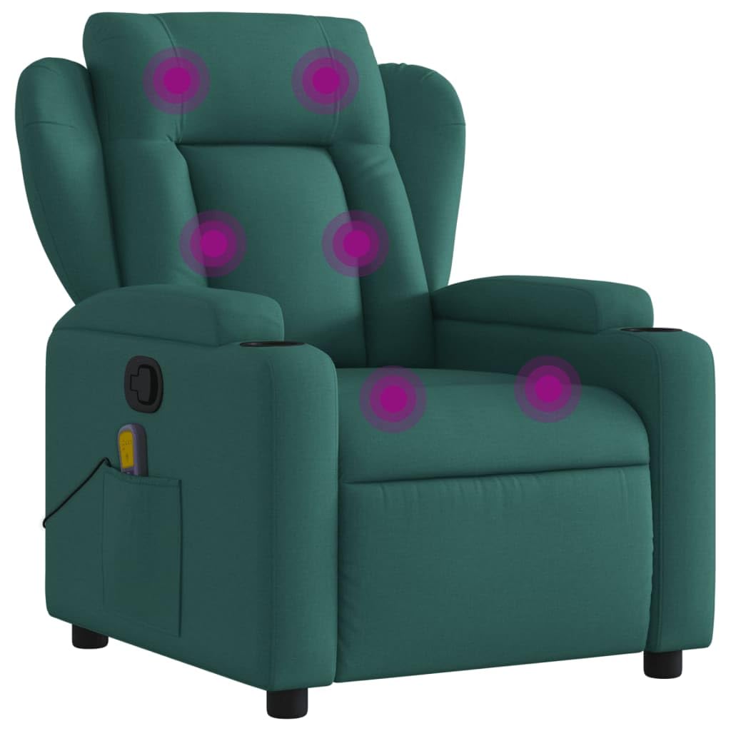 vidaXL Dark Green Fabric Massage Recliner - Manual Armchair with Vibration, Convenient Cup Holders, Side Pocket, Comfortable Pad