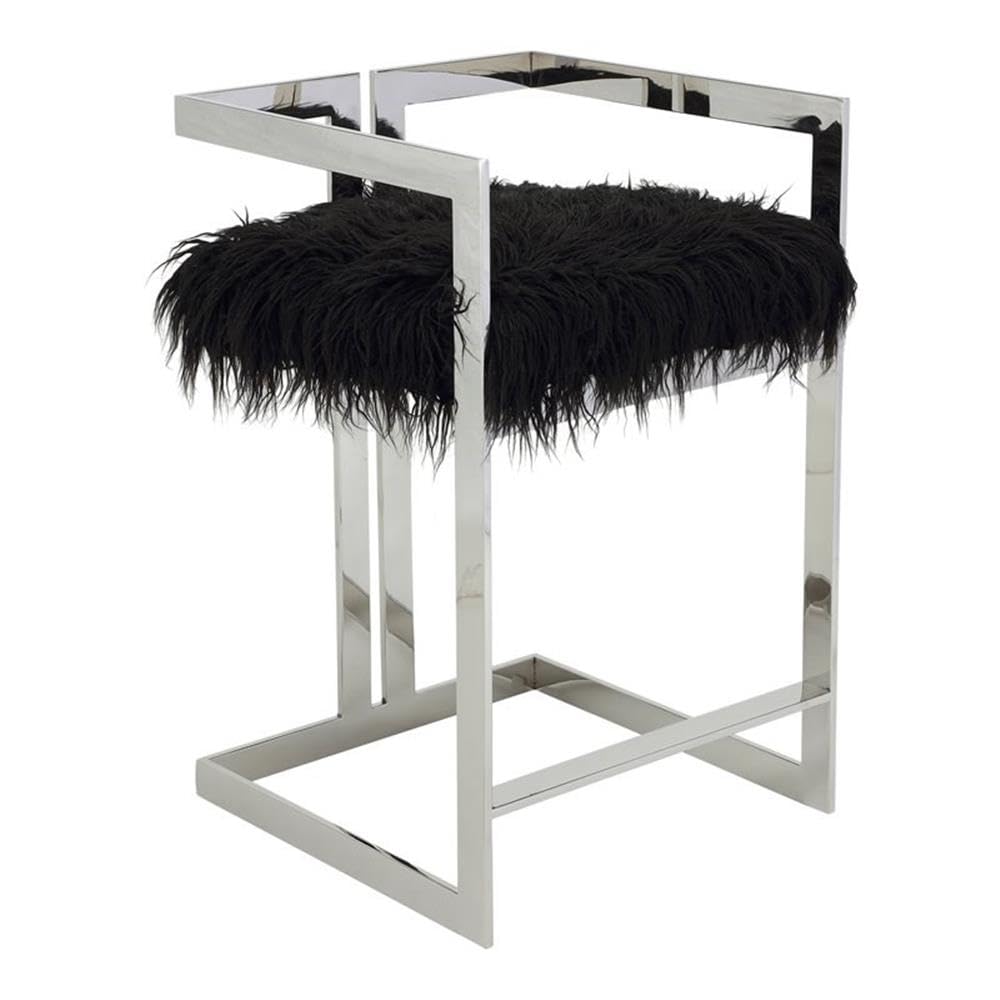 Pangea Home Kenzie 23.6&quot; Stainless Steel & Faux Fur Counter Stool In Black