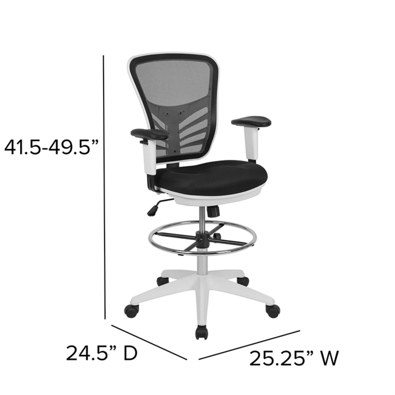 Flash Furniture Tyler Mid-Back Black Mesh Ergonomic Drafting Chair With Adjustable Chrome Foot Ring, Adjustable Arms And White Frame