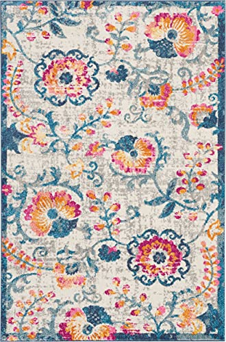 HomeRoots 100% Polypropylene 4â?? x 6â?? Ivory and Blue Floral Vines Area Rug