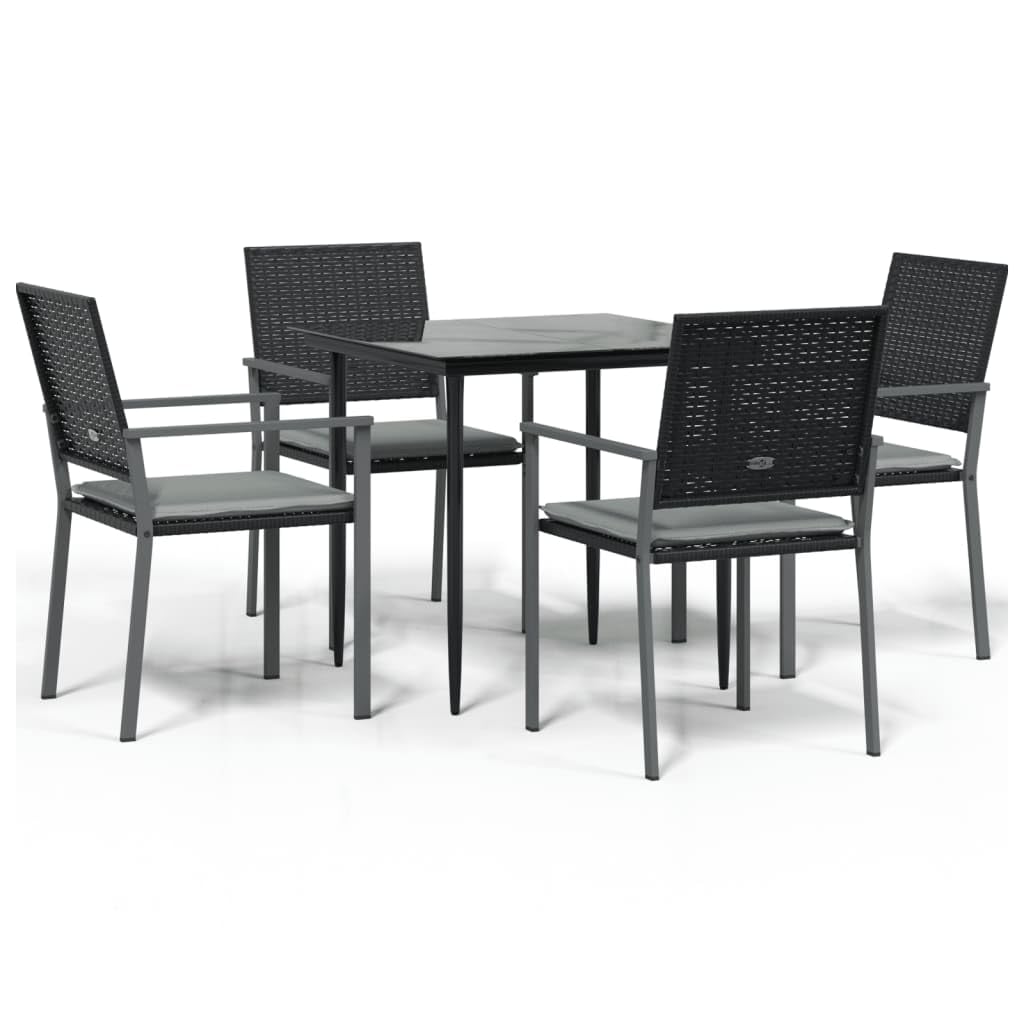 vidaXL 5 Piece Patio Dining Set - Poly Rattan and Steel with Cushions - Black Finish - Square Table with Tempered Glass Top - Garden and Outdoor Furniture