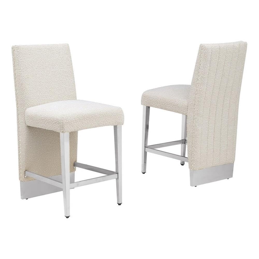 Best Quality Furniture Modern Upholstered Counter Height Stool Set Of 2 – Boucle Fabric In Cream – Matte Brushed Chrome Legs In Silver – Perfect For Dining Room Or Living Room
