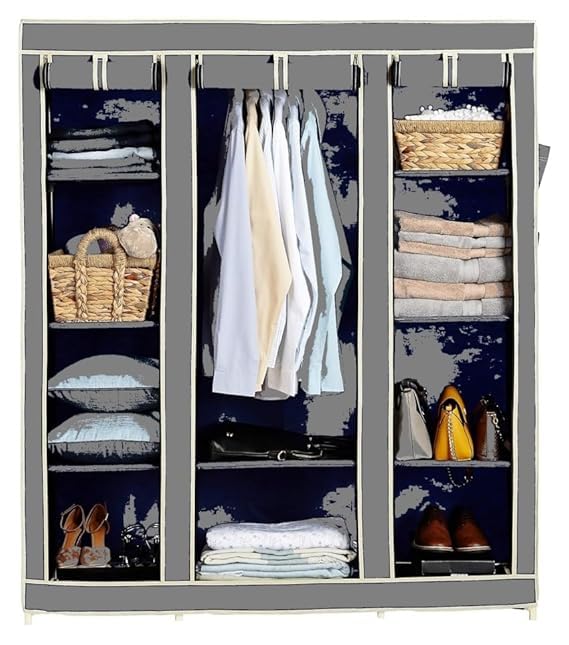 Obbo Portable 3Door Foldable Wardrobe Closet  Fabric, Plastic & Iron Storage Organizer With Shelves & Hanging Rod | 10Rack Li