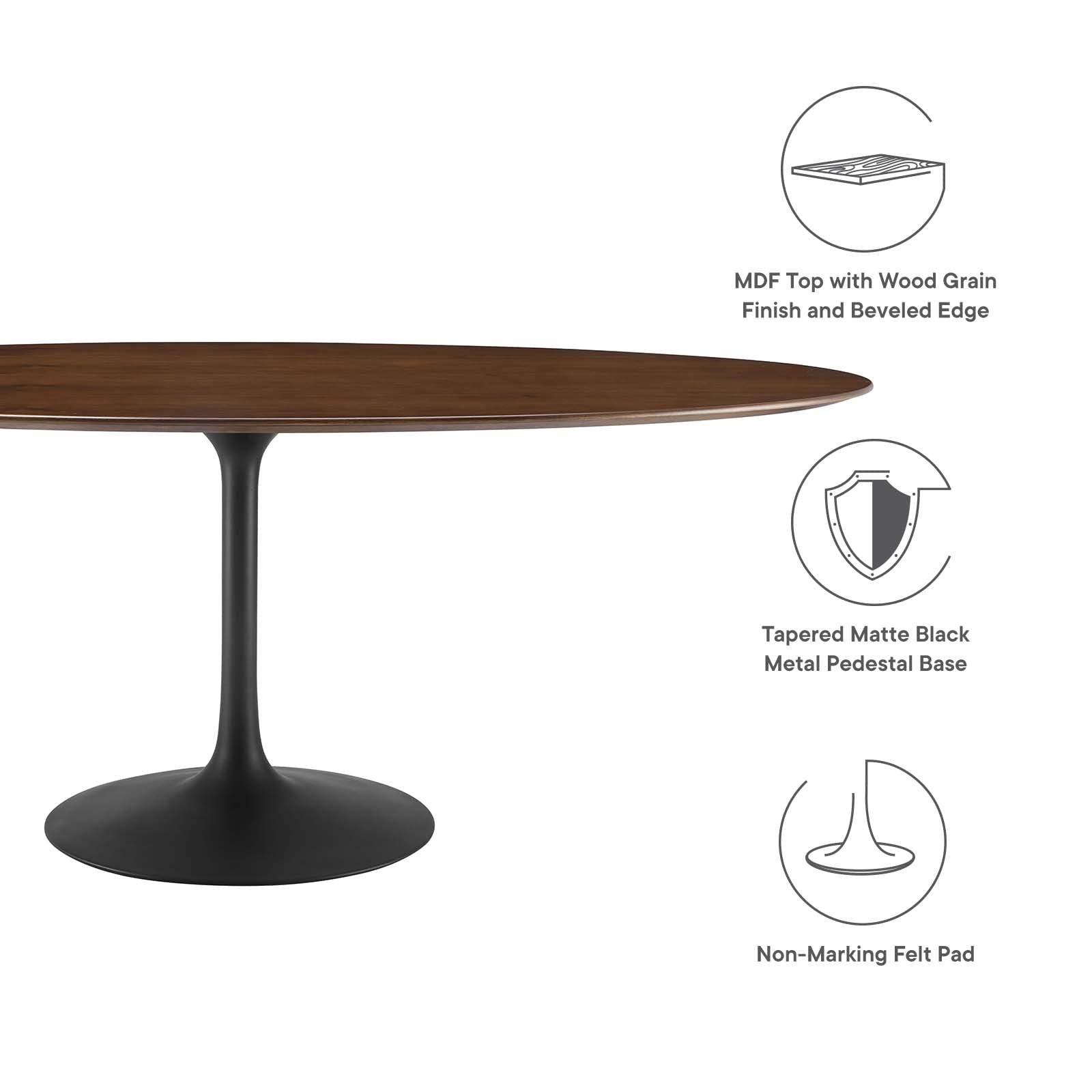 Modway Lippa 78&quot; Oval-Shaped Mid-Century Modern Dining Table With Walnut Top And Black Base