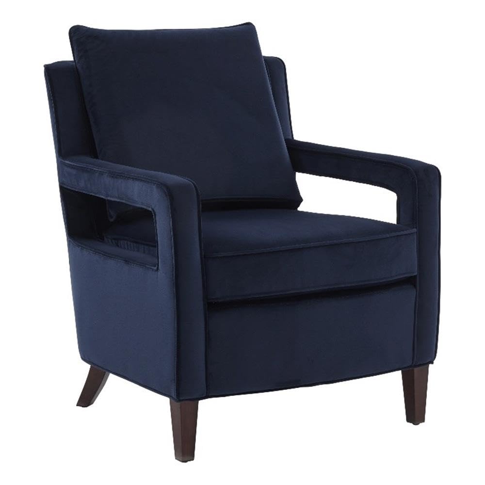 Comfort Pointe Questa Navy Blue Velvet Accent Arm Chair with Open Arms and Brown Legs