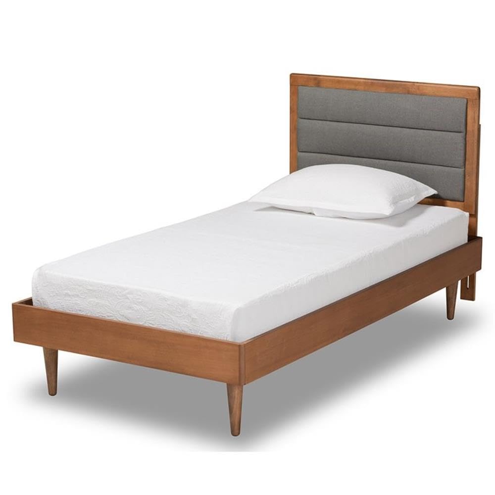 Baxton Studio Seren Mid-Century Modern Dark Grey Fabric Upholstered and Walnut Brown Finished Wood Twin Size Platform Bed
