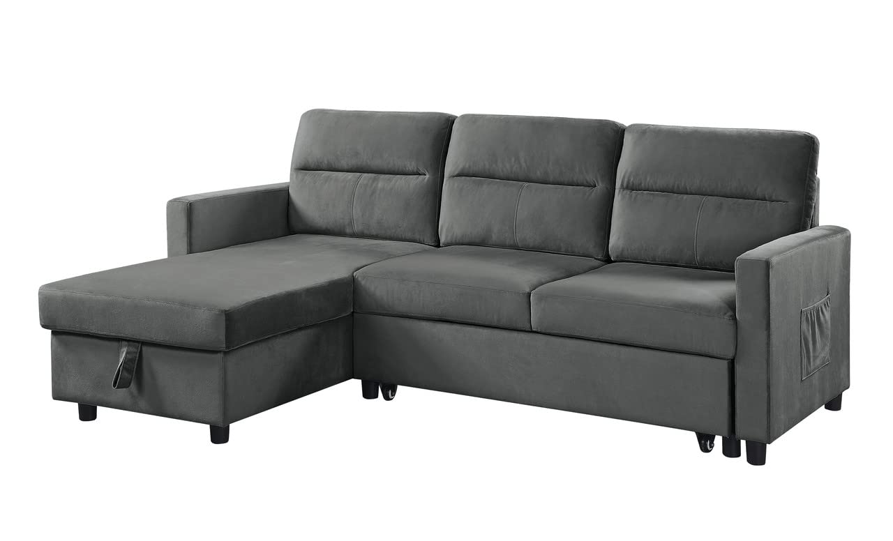 Lilola Home Ivy Dark Gray Velvet Reversible Sleeper Sectional Sofa With Storage Chaise And Side Pocket
