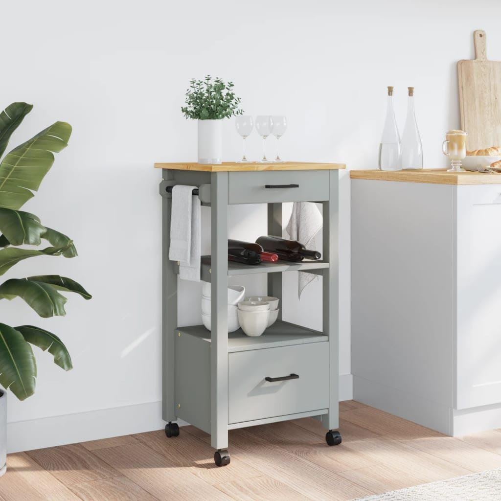 vidaXL Kitchen Trolley Rolling Cart - Solid Pine Wood, 2 Drawers, Slatted Shelf, Lockable Wheels, Gray and Honey Wax Finish for Home Storage