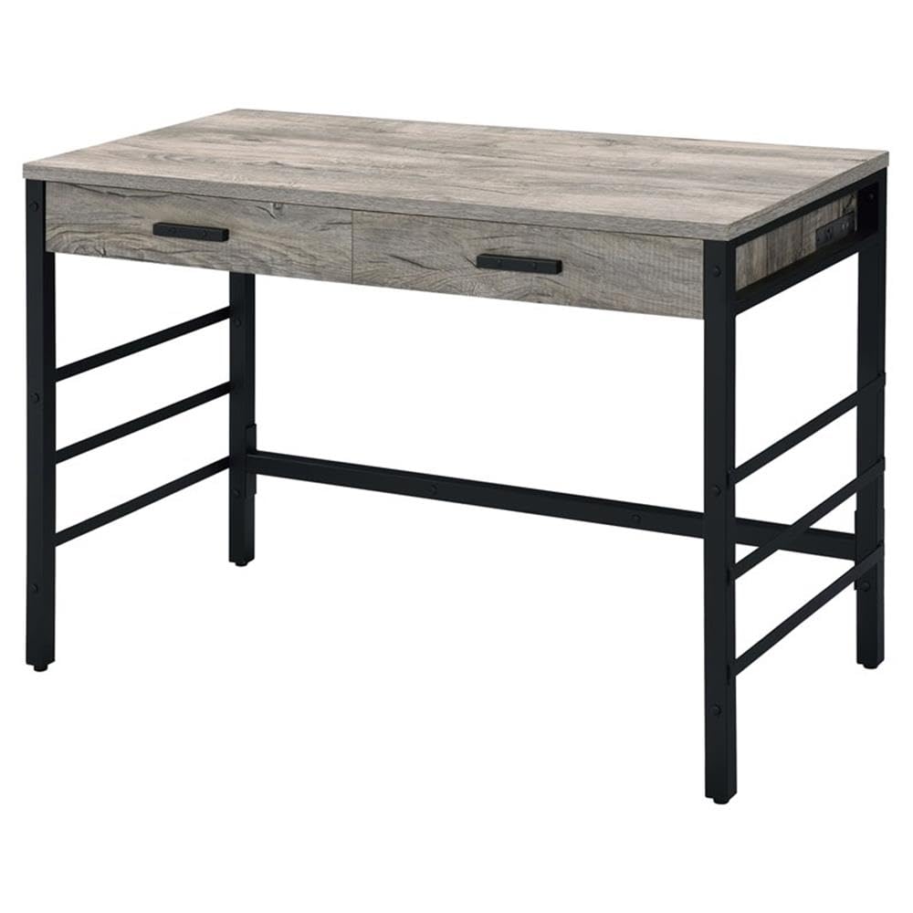 Acme Disho Wooden Writing Desk with USB Port in Light Weathered Oak and Black