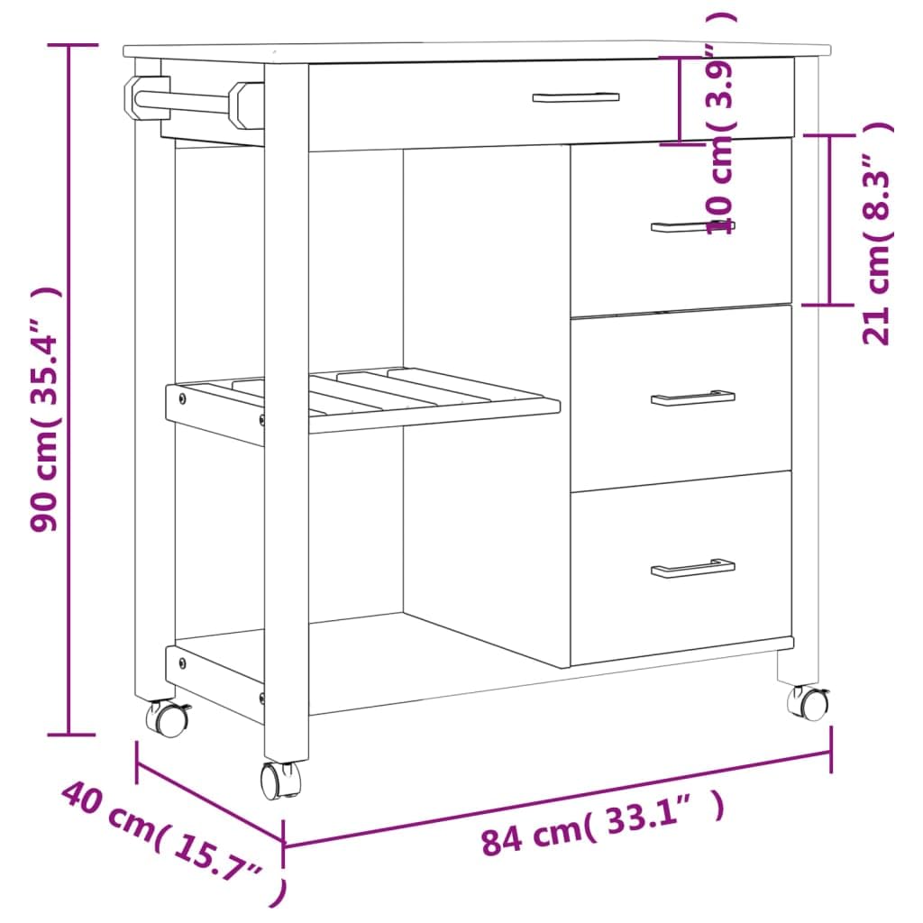 vidaXL Kitchen Trolley Rolling Cart - Solid Pine Wood with Gray-Honey Wax, 4 Drawers, 2 Shelves, Lockable Wheels, for Storage