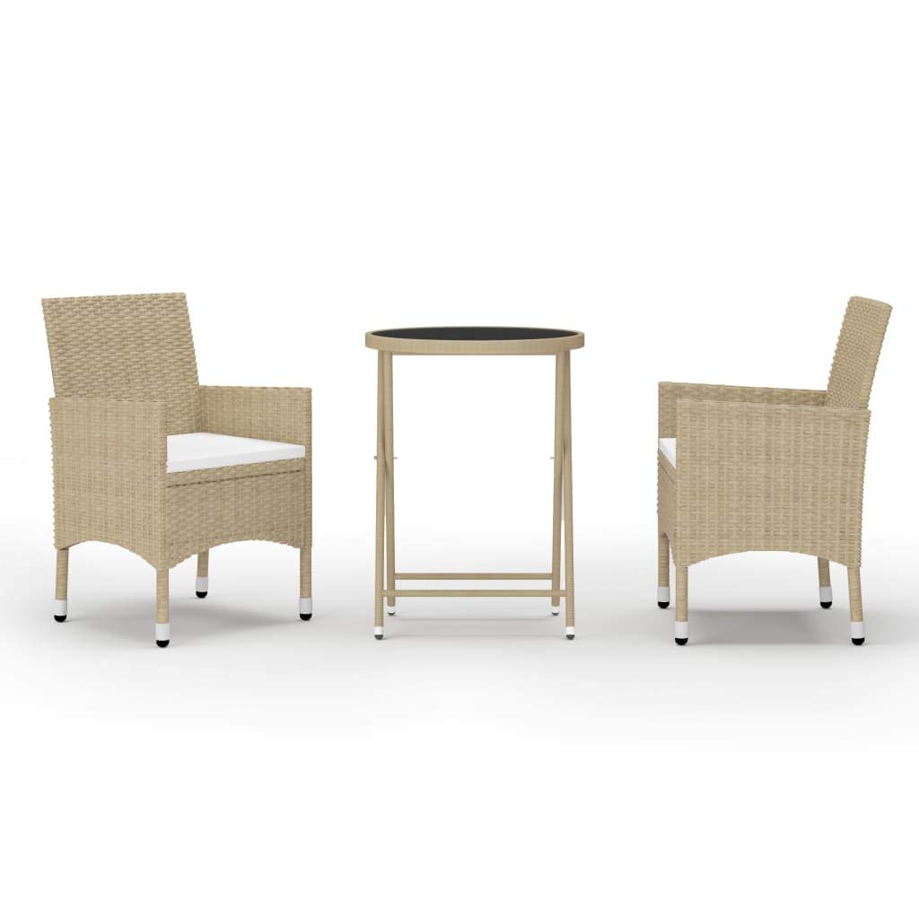vidaXL Patio Bistro Set 3 Piece Garden Outdoor Lawn Yard Terrace Balcony Table and Chair Seat Seating Furniture Poly Rattan and Tempered Glass Beige