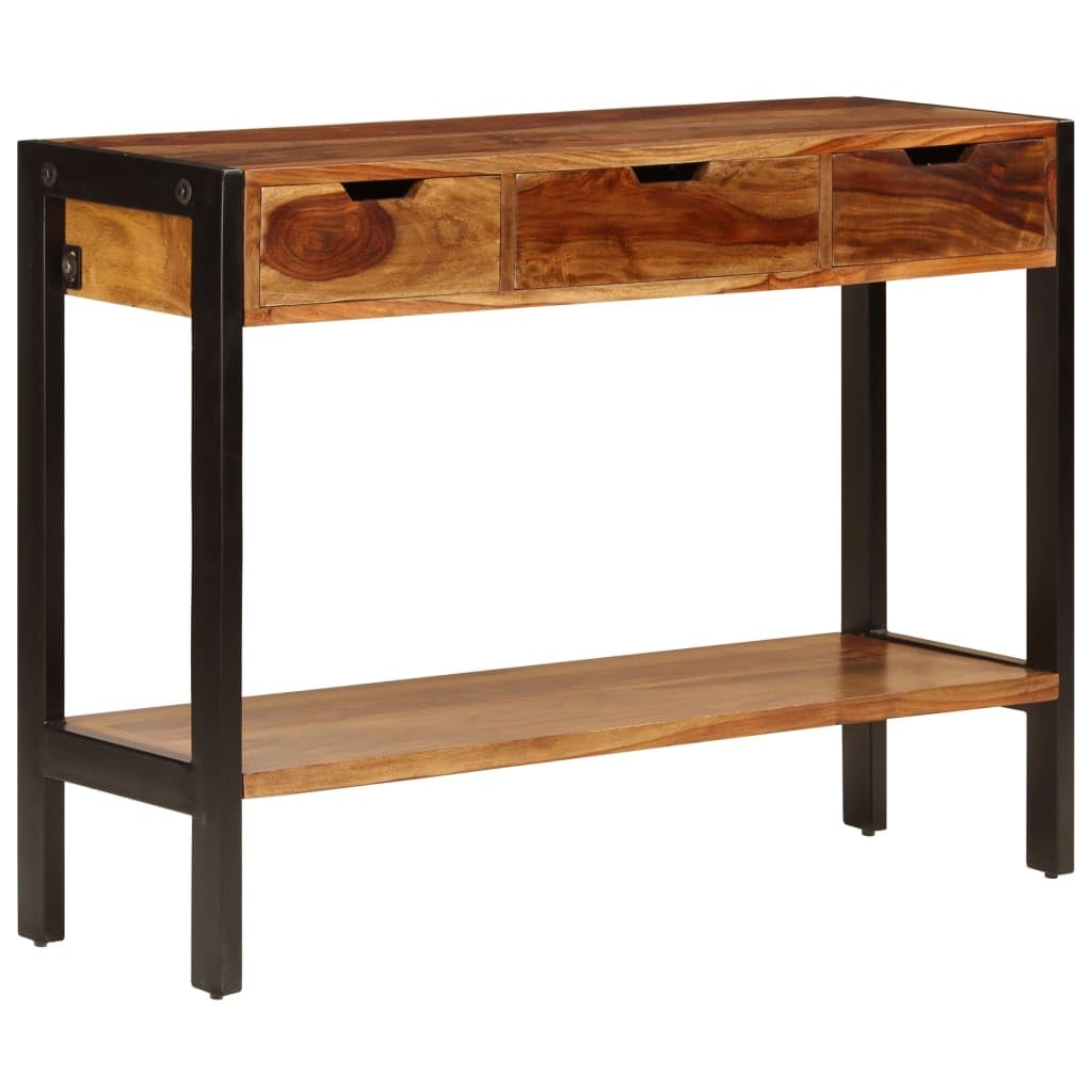 vidaXL Solid Wood Sideboard with 3 Drawers, Powder-Coated Steel Frame, 43.3x13.8x29.5, Vintage-Style, Sturdy, Practical, Storage